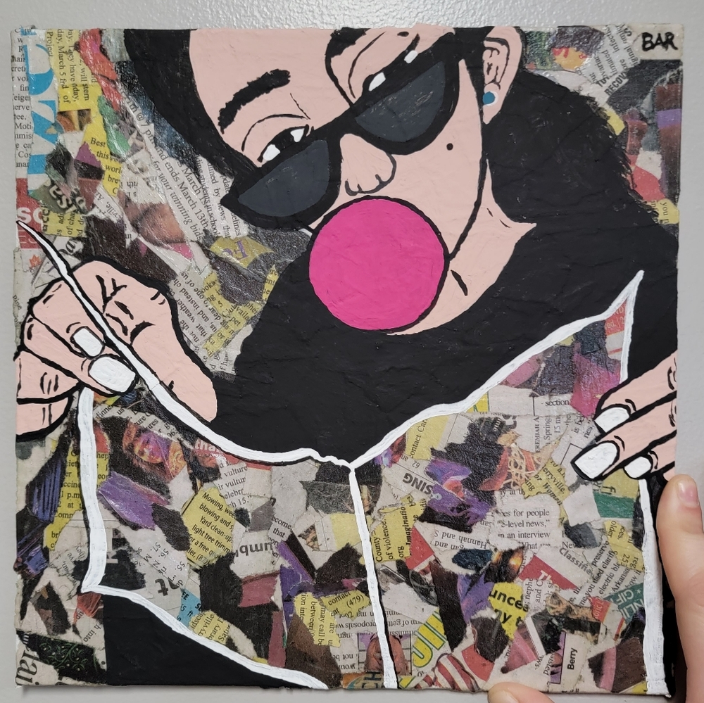 "Chewing On the News" by Brynn Rothberg, acrylic, modpodge, and magazine, 2022
